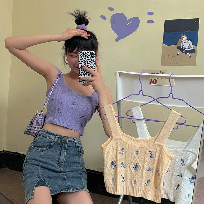 

Camisoles & Tanks Flower Embroidery Elastic Sling Knitted Women Crop Tops Ladies Sleeveless Style For Summer Sexy Pure Color T-Shirts Female, Black