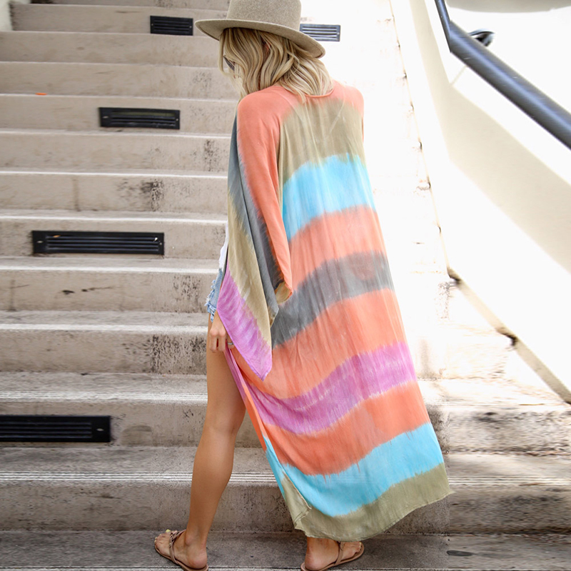 

Fitshinling Colorful Summer 2021 Beach Cover Up Tie Dye Striped Oversize Kimono Swimwear Bohemian Vintage Bikini Outing Cardigan