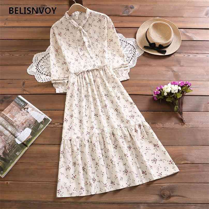 

Spring Women Fashion Floral Printed Ruffles Long Sleeve Chiffon Midi Dress Female Casual Party Elegant Vestidos 210520, Khaki