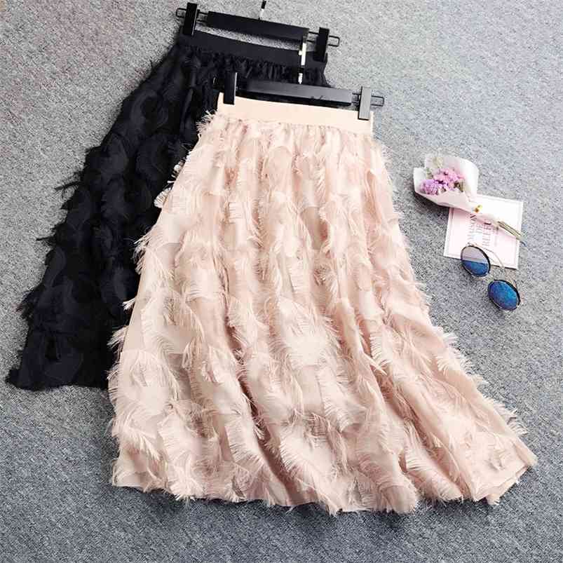 

Spring Women Pleated Skirts Fashion Feather tassel Pleated Skirts High Waisted Elastic Women Casual Party Skirt 210721, Black