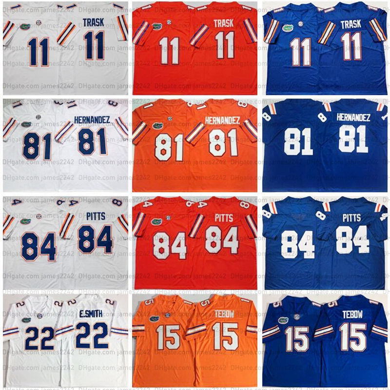 

College Football Jersey Florida Gators 11 Kyle Trask 15 Tim Tebow 22 Emmitt Smith 81 Aaron Hernandez 84 Kyle Pitts Stitched White Blue Orange Jerseys, As shown