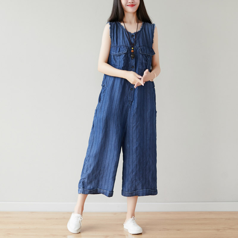 

Johnature Women Vintage Denim Cotton Jumpsuits O-Neck Patchwork Pockets Button Sleeveless Blue Striped Spring Jumpsuits 210521