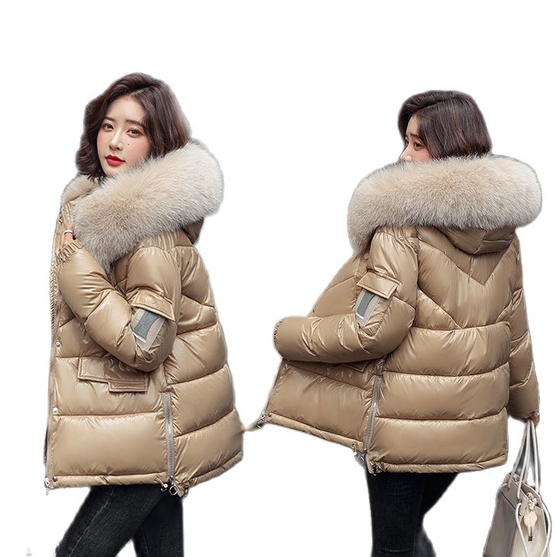

Down Cotton Jacket Female Women Winter Jackets Big Fur Collar Cotton Padded Warm Thick Ladies Coat Parkas Winter Coat, Khaki