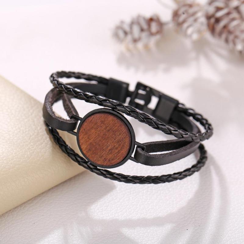 

Charm Bracelets Woven Round Wood Artificial Leather Bracelet Creative Minimalist Black Men's
