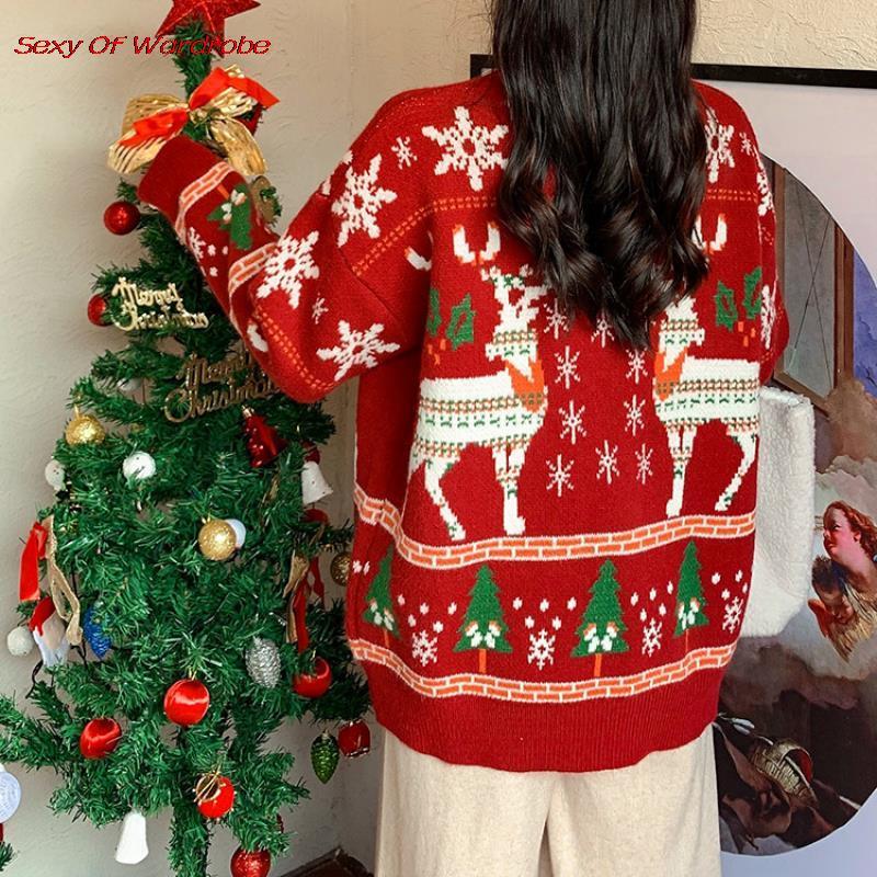 

Women's Sweaters Christmas Knitted Sweater Female 2021 Autumn Winter Fashion Retro Loose Red Tops Cute Deer Warm Pullover, White;black