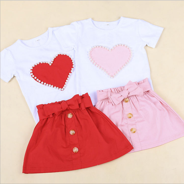 

Summer kids Sets girls short-sleeved ins European and American love pearl solid color skirt children's suit, Pink