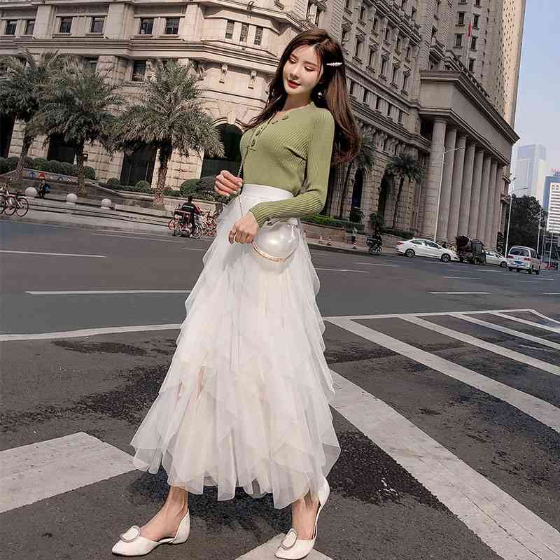 

WERUERUYU Summer Autumn High Elastic Waist Mesh Long Women Pleated Skirts Tiered Ruffle Flower Tulle Tutu Skirt Holiday Wear 210608, Photo color