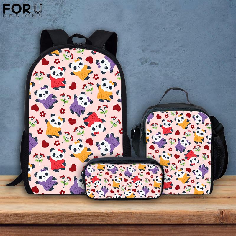 

School Bags FORUDESIGNS Cartoon Panda Design 3PCS/Set Backpack For Girls Primary Children Book Bag Canvas Messenger