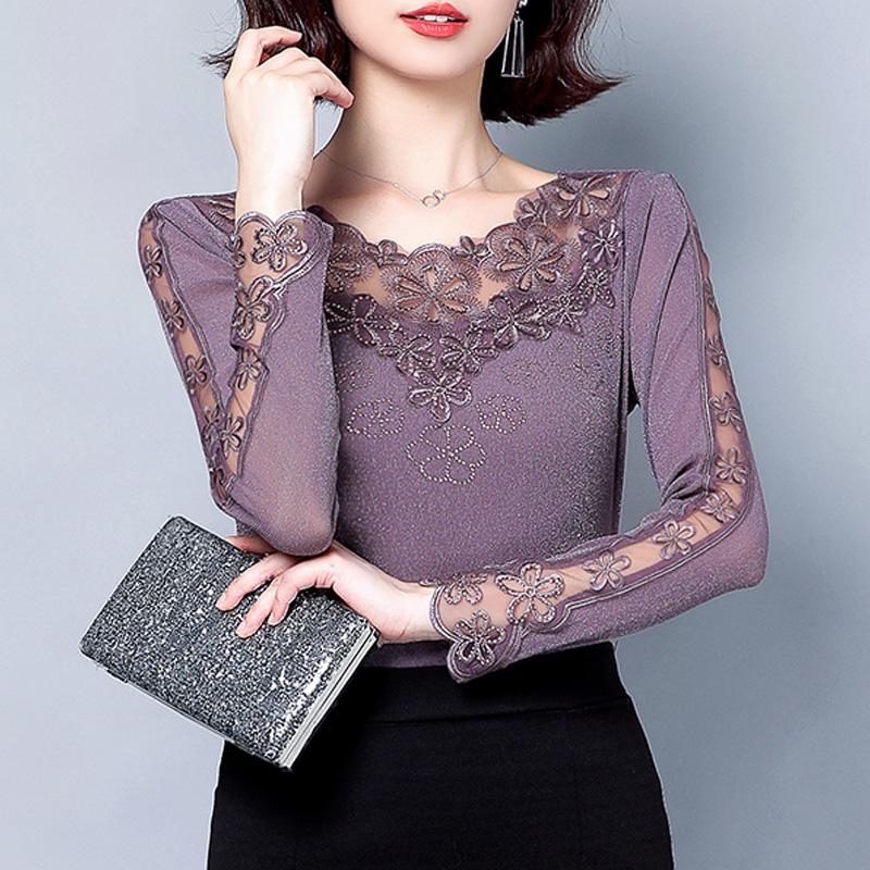 

Women's T-Shirt M-4XL Round Neck Lace Bottoming Shirt Female Long-sleeved Mesh Tops Plus Size Clothing Patchwork Flower Women T, Taro