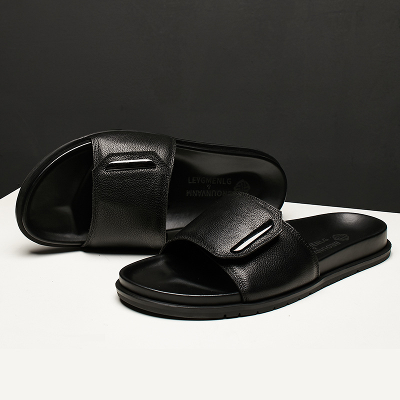 

Slippers Powei men's leather slippers, Velcro, anti slip soft soles for outdoor wear in summer H3FM, 1# shoe box