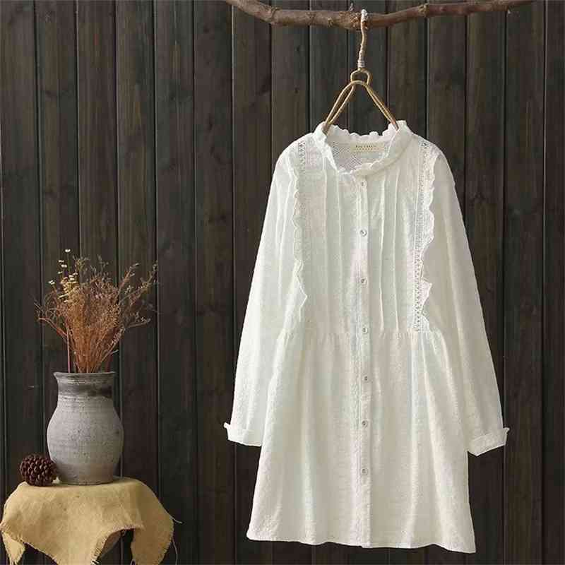 

Fall O Neck Full Loose Slim Cotton Embroidered White Shirt Women Tops 210615