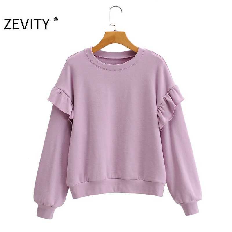 

Zevity Women fashion ruffles long sleeve casual loose sweatshirts femme basic o neck leisure hoodies chic pullover tops S403 210603, As pic s403ff