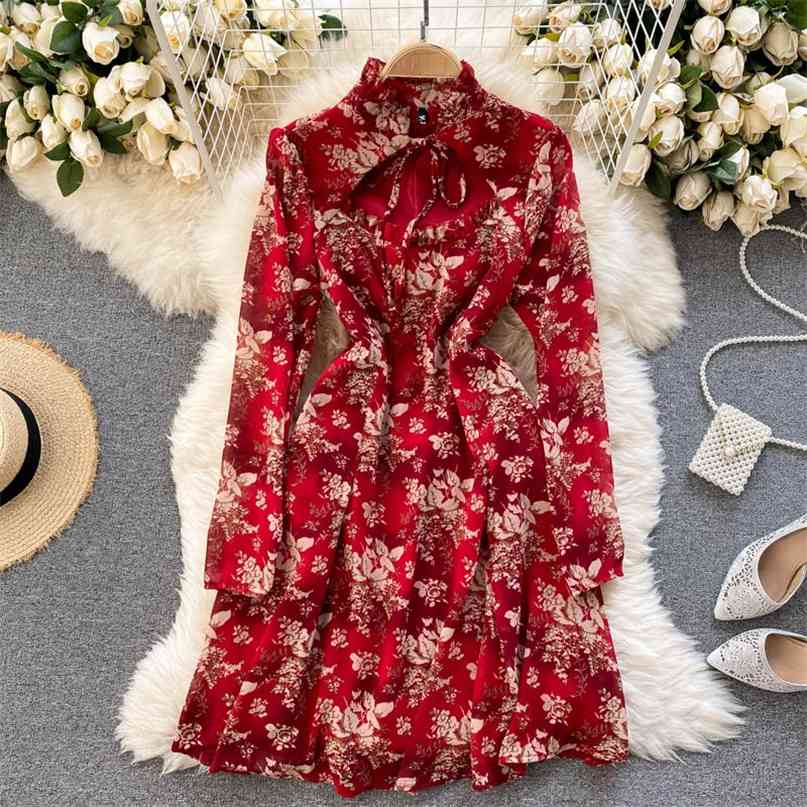 

Women Red Floral Print Long Sleeve Dress Elegant Lace-up Stand Collar Hollow Out Front A-line Party Spring 210603