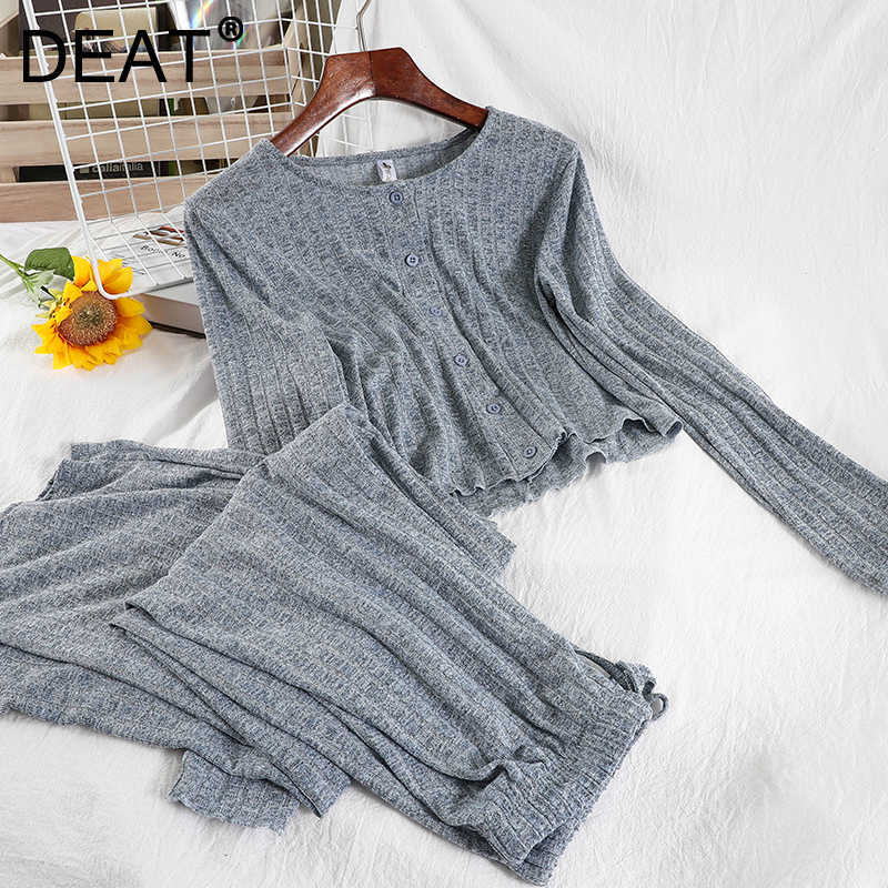 

DEAT Spring Autumn Arrivals Long Sleeve Knitted T-shirt Straight Wide Leg Pants Fashion Women Two Piece Set MZ944 210709, Light gray