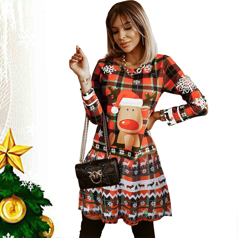 

2021 autumn and winter new Christmas print dress slim knit long sleeves, Black;gray