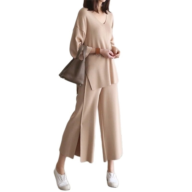 

Fashion Women's Suit Spring V-neck Top + Split Wide Leg Pants Knitted Two-piece 210520, Black