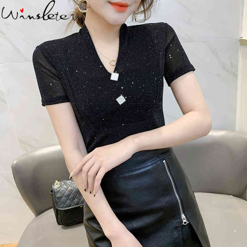 

Women's T-Shirt Summer European Style Girls Fashion Sexy V-Neck Mesh Elastic Women Tops Short Sleeve Shiny Drill Buckle Tees T1291, Black t shirt
