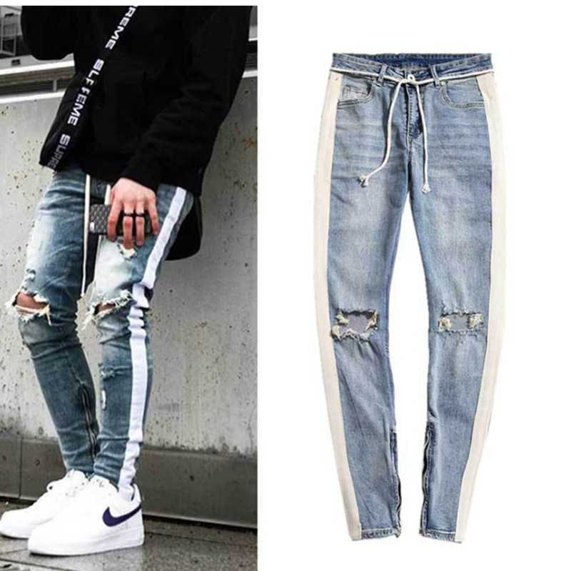 

Men 'side Stripe Jeans Zipper Designer Stretch Broken Hole Black Jeans Hip Hop Haulage Motor Elastic Waist Joggers Pants X0621, The blue