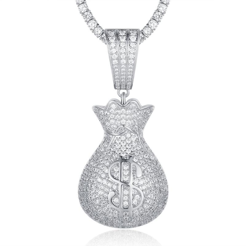 

Pendant Necklaces 100% Micro Zircon Hip Hop Dollar Wallet Necklace For Men Jewelry Tennis Chain Custom Accept Iced Out, Silver