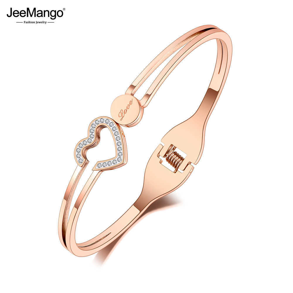 

Jeemango Trendy Rhinestone Love Heart Cuff Bangles for Women Rose Gold Cubic Zirconia Titanium Stainless Steel Bracelets Jb4 Q0717