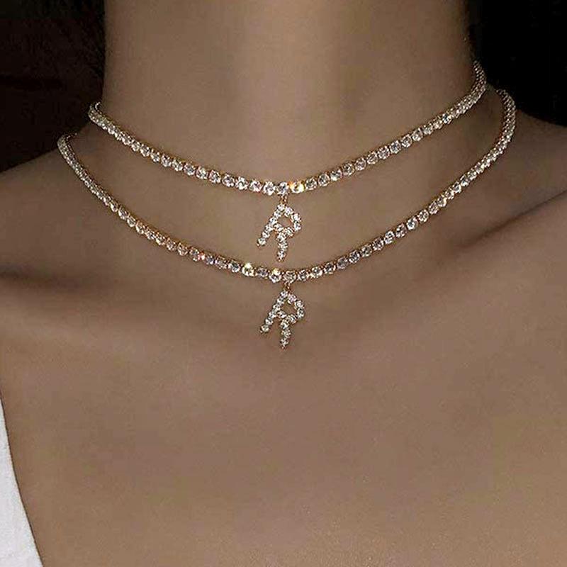 

Pendant Necklaces A-Z Letter Initial Necklace Gold Silver Color Tennis Chain Choker Rhinestone Woman PartyWedding Fashion Jewelry