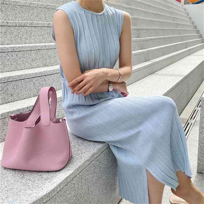 

Summer retro elegant temperament of vest blue sweater dress lace-up show thin waist fairy 210603, Picture color