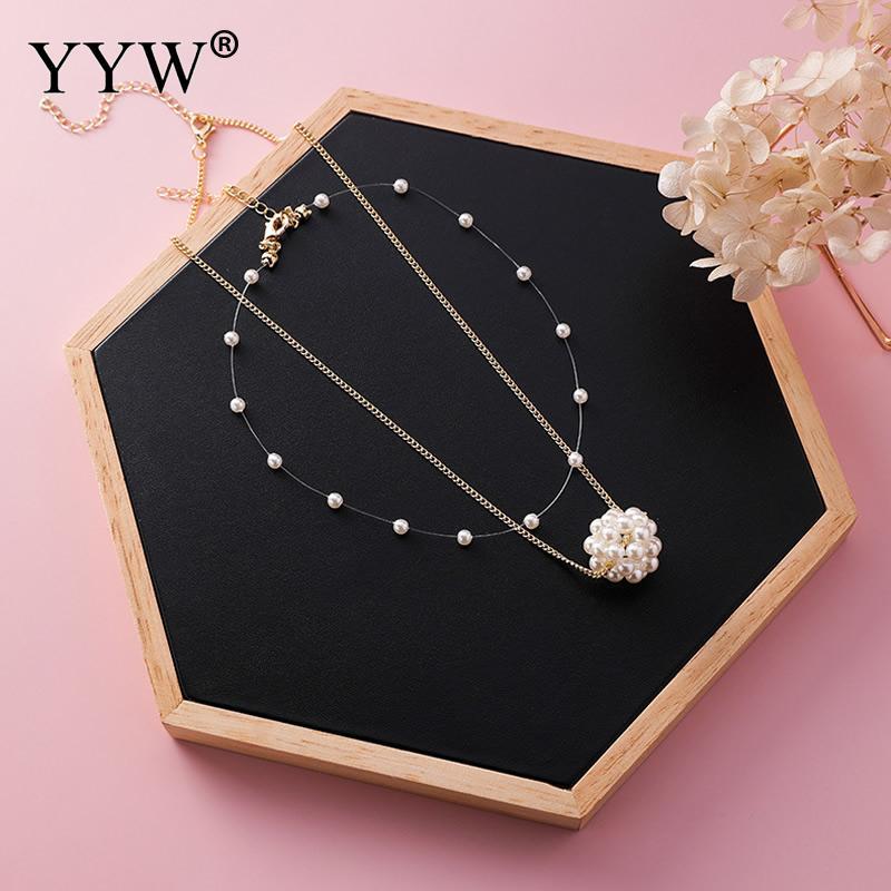 

Pendant Necklaces YYW 2021 Korean Elegant Double Layer Heart Round Ball Simulated Pearl Necklace For Women Invisible Fish Line Choker