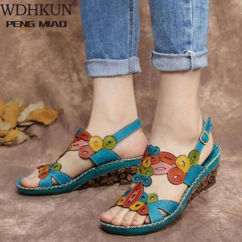 

Summer Fashion Women Open Toe Vintage Wedges Sandals Soft PU Leather Beach Shoes Mujer Sandalias36-43, Black
