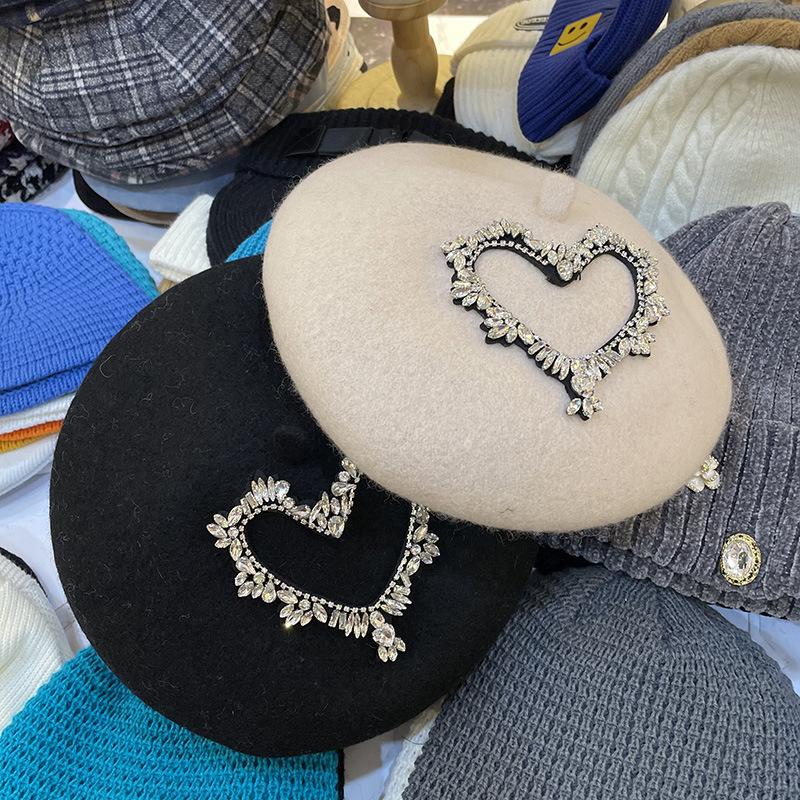 

Berets 202112-XX Autumn Winter Wool Rhinestone Heart Shape Lady Beret Hat Women Leisure Painter, Black