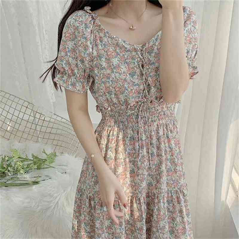 

Summer Sweet Floral Dress Women Elegant Lace Up Short Sleeve Korea Vintage Casual Sexy Beach 210519, Picture color