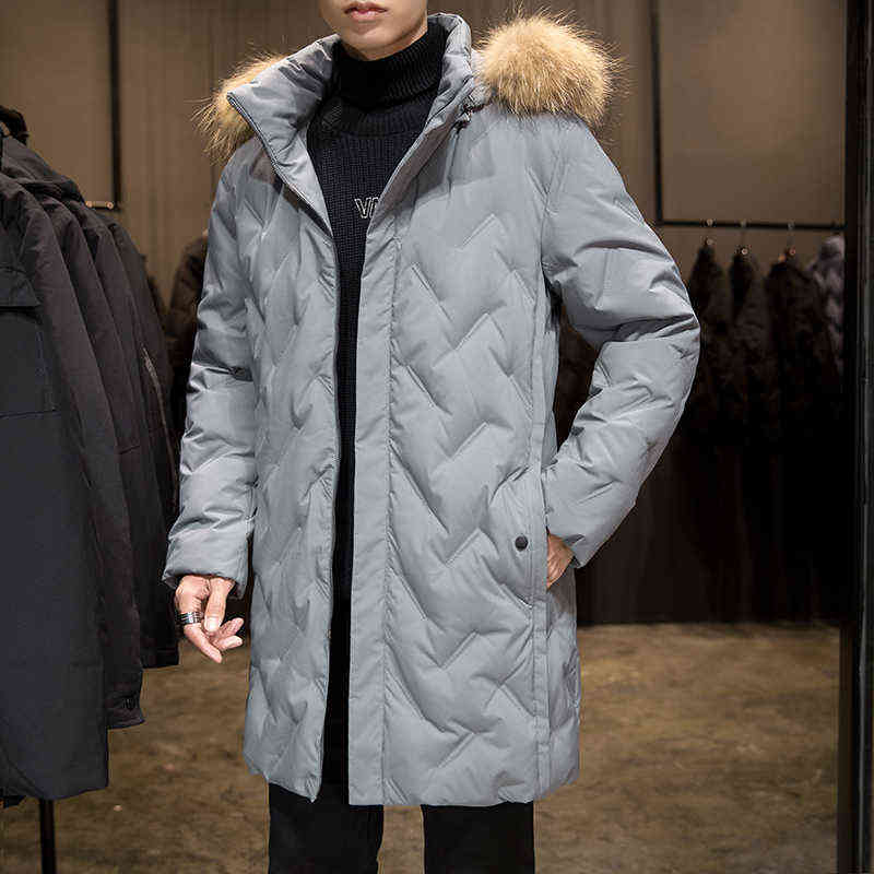 

90% White Duck Down Padded Men's Winter Warm Jacket 2021 New Fur Hooded Windbreaker Outwear Black Grey Thicken Long Down Coats Y1103, Gray
