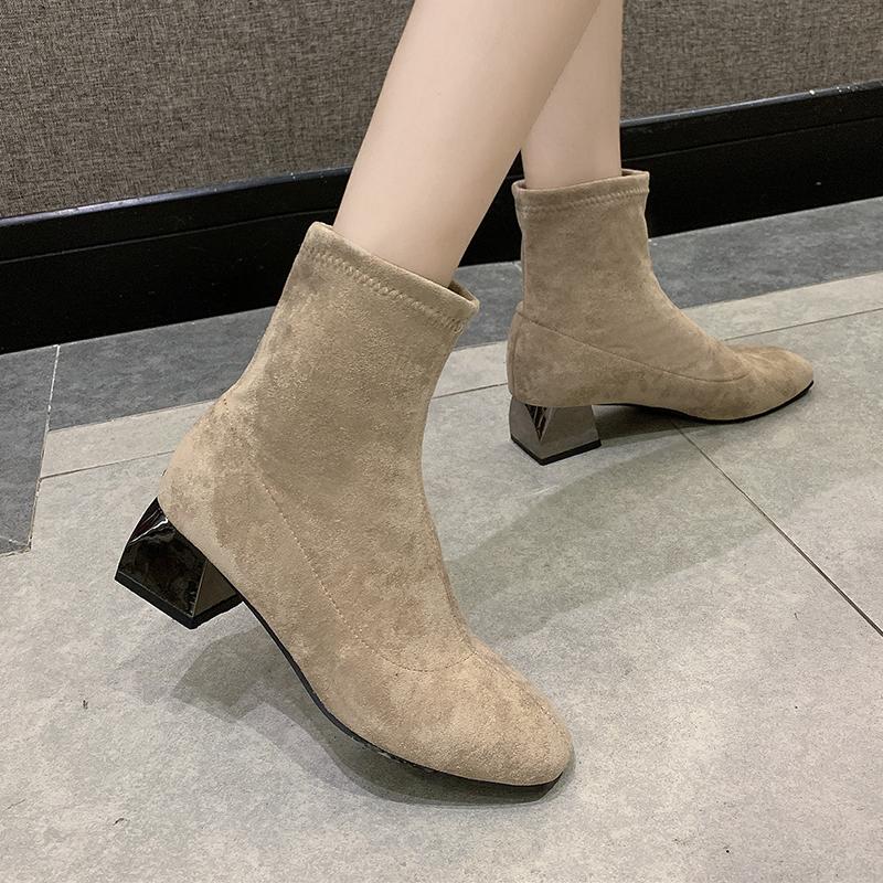 

Black Ankle Sock Boots 2021 Fashion Autumn Stretch Women High Heels Round Toe Shoes Woman Slip On Ladies