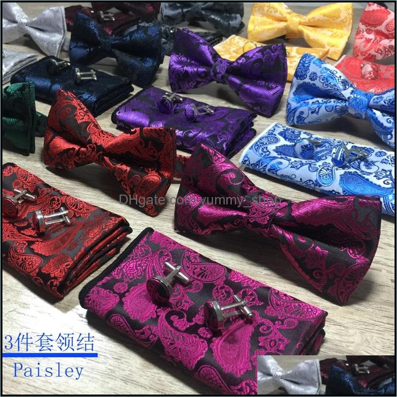 New 3 Pcs Set Woven Silk Bow Tie Cufflinks and Pocket Square Handkerchief Gift New 3 Pcs Set Woven Silk Bow Tie Cufflinks and Pocket Square Handkerchief Gift