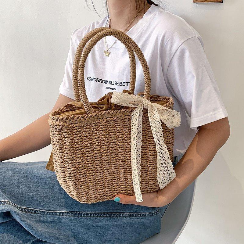 

Casual Lace Rattan Women Handbags Wicker Woven Lady Hand Bags Summer Beach Straw Basket Bag Large Tote Travel Bucket Purses 2021 C0326
