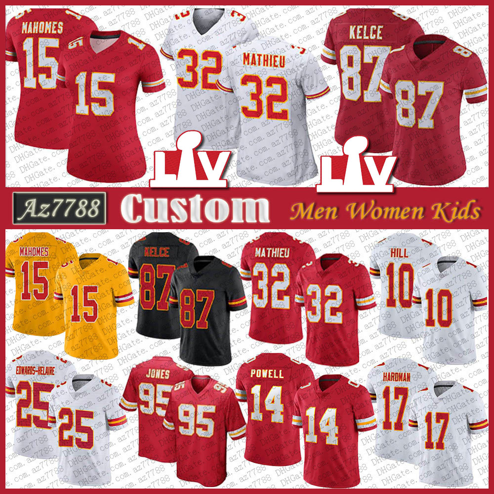 

KC 15 Patrick Mahomes 87 Travis Kelce Custom Men Women Kid Football Jersey 10 Tyreek Hill 32 Tyrann Mathieu Chris Jones Daniel Sorensen Harrison Butker Creed Humphrey, Shown