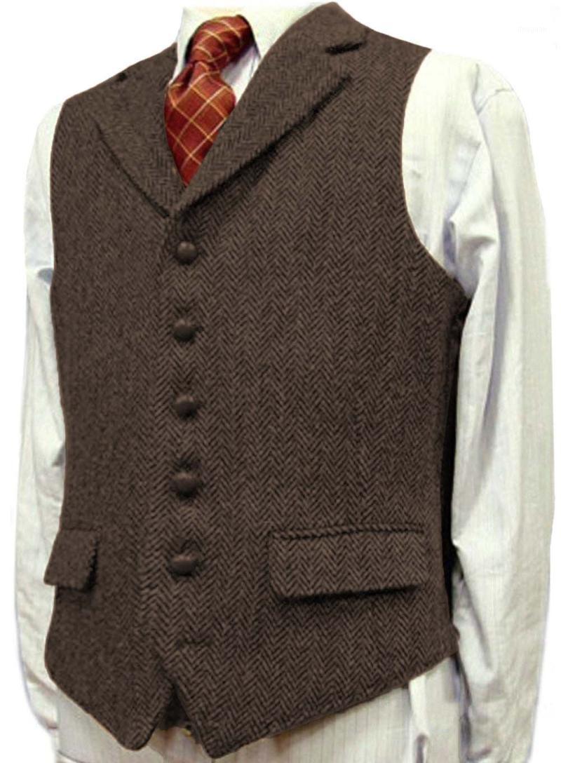

Men's Vests Vest Casual Coffee Suit Wool Tweed Notch Lapel Waistcoat Herringbone Pattern Groomsmen Coat For Wedding, Light navy