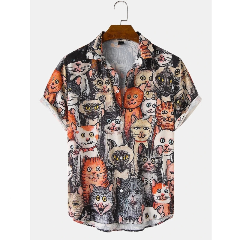 

Men's Casual Shirts Male Hawaiian shirts with short sleeves, Halloween, funny cat print, casual blouse, beach summer, chemise homme Z2ZB, 1# shoe box