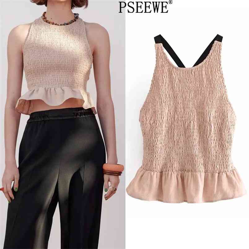 

Rustic Elastic Crop Summer Top Woman Vintage Ruffle Ruched Sleeveless Blouse Women Contast Straps Backless Sexy Tops 210519, Apricot