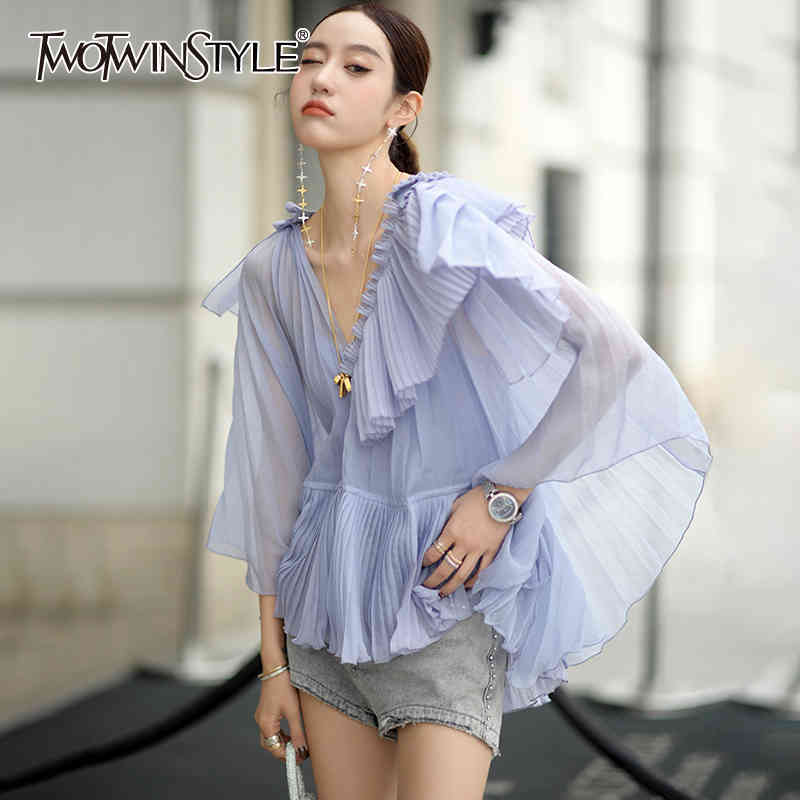 

Elegant Solid Shirt For Women V Neck Long Sleeve Patchwork Straight Loose Blouses Female Summer Fashion 210524, White