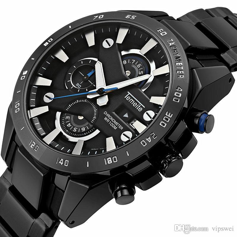 

Multi function calendar Luxurious Brand sports Quartz Watch Large dial Stainless Steel Mens Watches Waterproof unique design wristwatch, Black&white&blue pin