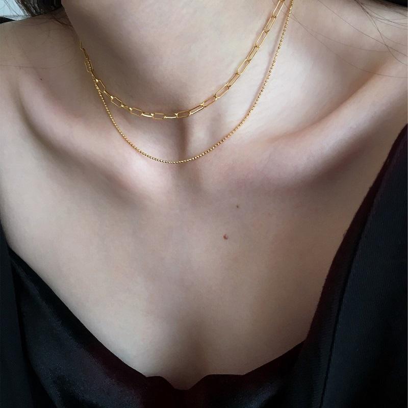 

Chains 316L Stainless Steel 2 Layers Link Chain Necklace Multi Bead Choker Necklaces For Women Girl Trendy Jewelry Gift