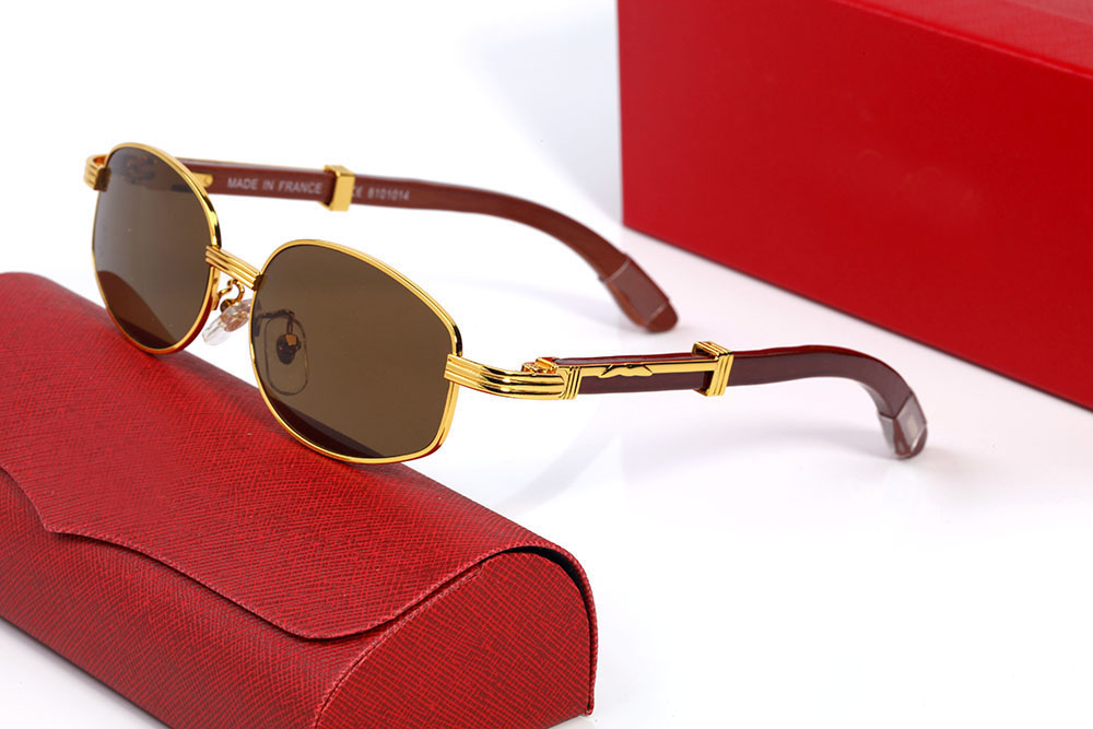 Fashion Designer Sunglasses For Women Mens Brown Wooden Wave Carving Sunglass Metal Full Frame Brand Round Oval Buffalo Horn Glasses Goggle Man Eyeg