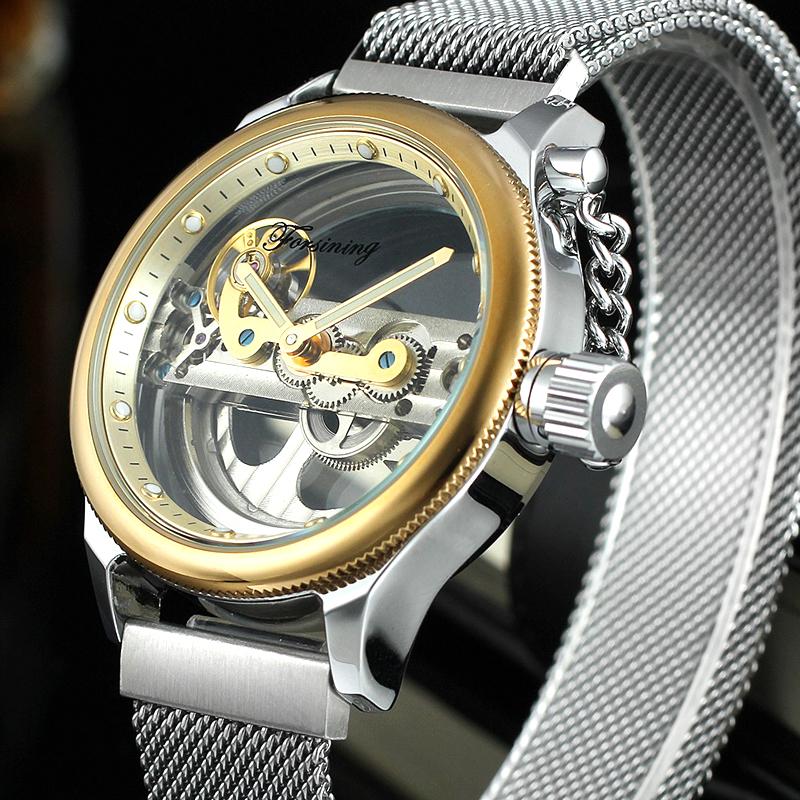 

Mens Watches Transparent Design Gold Bridge Automatic Mechanical Famous Top Brand Male Clock FORSINING Flying Tourbillon Wristwatches, Silver black