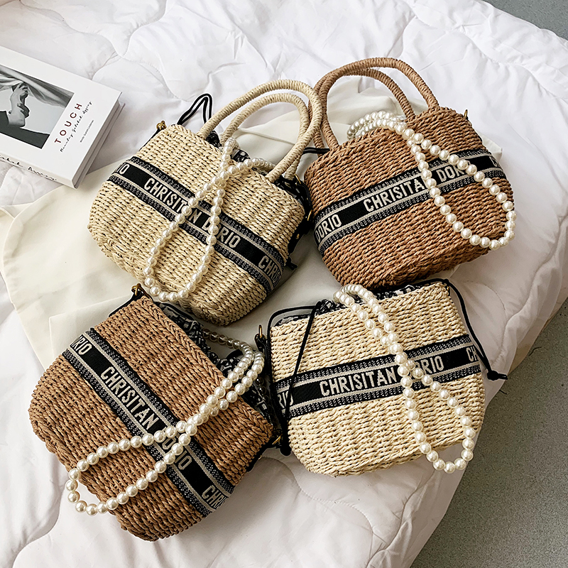 

New Arrivals top quality Summer Beach Bag Women Handmade Straw Woven Shoulder Tote High Quality Ladies Casual Travel Pearl Chai, Red;black