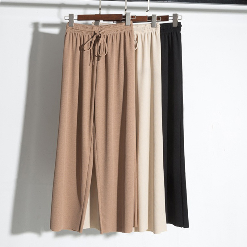 

Women's Pants & Capris Spring Autumn Ice Silk Wide Leg Female Korean Loose Thin knitted Ankle Trousers Women Gray Khaki Beige WN4T, Ivory