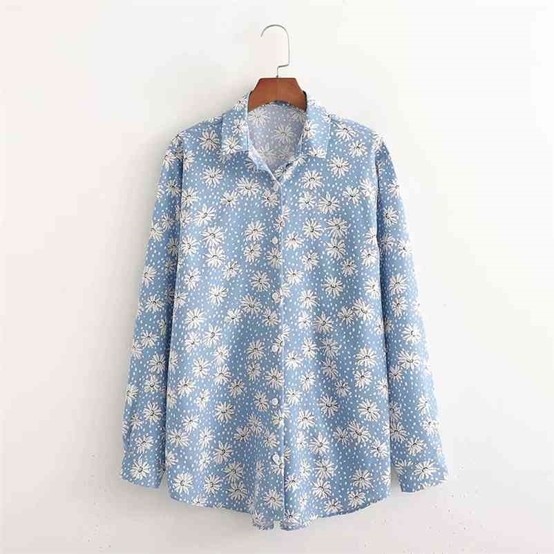 

Spring fashion shirt lapel printed loose short single-breasted Casual women print blouse s 210524, Blue