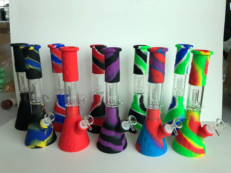 

Silicone Bongs Percolators Perc silicon water pipes shisha hookah Bong percolator tube sets With Glass Bowl Mini dab rigs