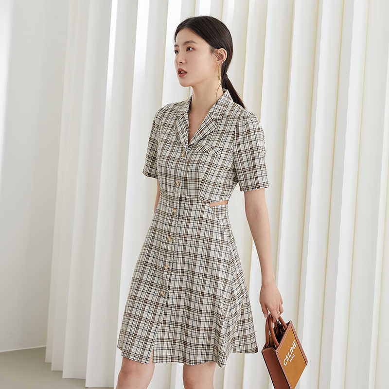 

FANSILANEN Office Lady Blazer Collar Black With White Plaid Dress Women Summer High Waist A-line Skirt Casual 210607, Gray
