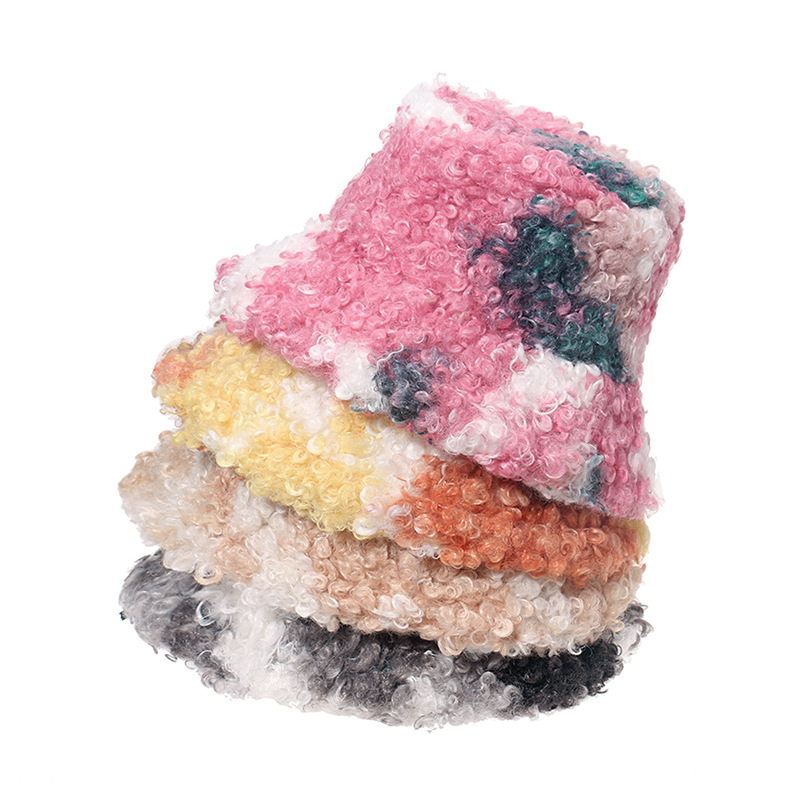 

2021 Cross-Border New Arrival Warm Bucket Hat European American Leisure Color Curly Yarn Tie-Dye Mens and Womens Basin Wi, Yellow