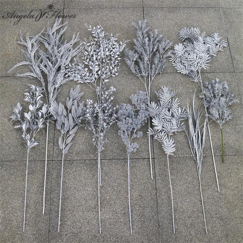 

Decorative Flowers & Wreaths DIY Wedding Decor Flower Arrangement Silver Series Artificial Leaf Plastic Silk Plants Various Styles Home Part